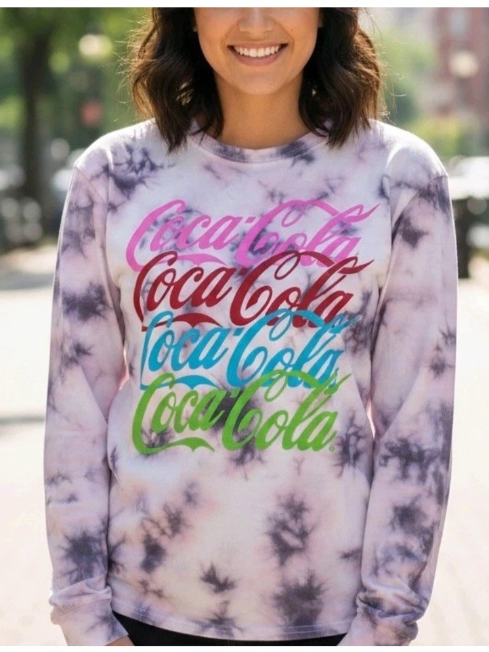 NWT Coca Cola Trendy Logo Long Sleeve T-shirt Pink/Grey Tie-Dyed Size Large Y2K